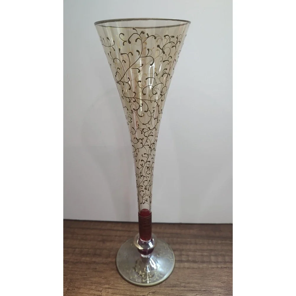 Pier 1 Murano Style Glass Champagne Flute 10 3/4 Ruby Red Gold Lattice VTG HTF